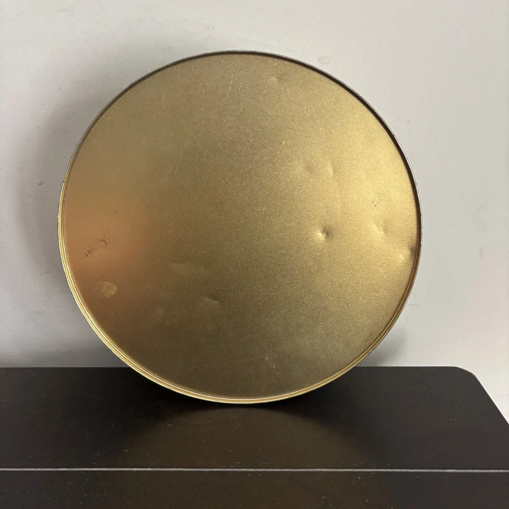 Harry and David Strawberry Print Round Gold Metal Decorative Storage Tin 6x2